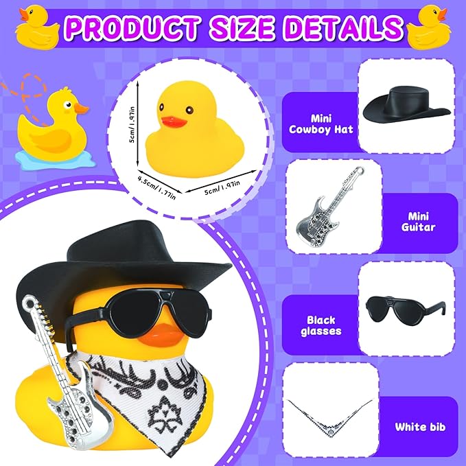 Funny Guitar Rubber Duck with Cowboy Hat & Accessories - Rubber Duck Car Ornaments & Home Decor - Multi-Use Dashboard Duck Gift for Adults, Car Lovers