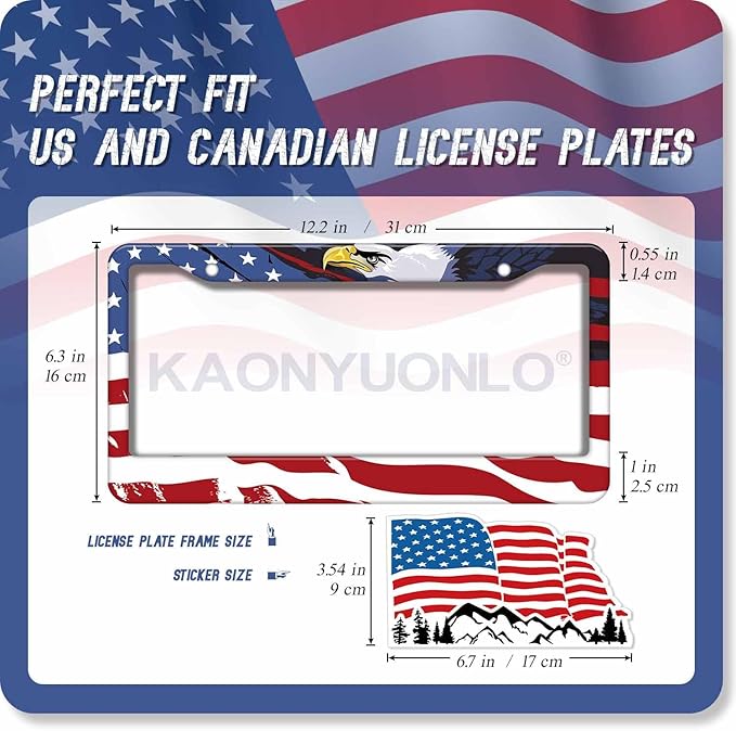 1PCS Eagle & American Flag License Plate Frame Holder - USA Stars and Stripes Auto Universal Aluminum Matte Car Tag Holder Covers with Sticker & Screws for Men