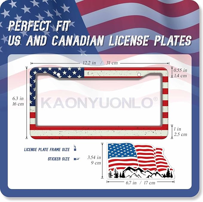 1PCS American Flag License Plate Frame Holder - USA Stars and Stripes Auto Universal Aluminum Matte Car Tag Holder Covers with Sticker & Screws for Men