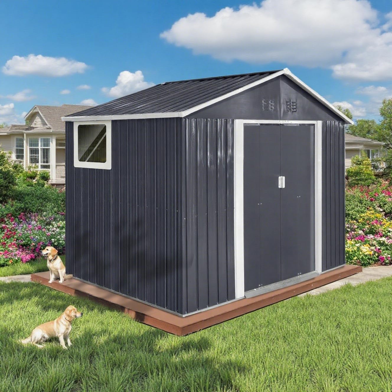 9 x 8.5 Ft Outdoor Storage Shed, Heavy-Duty Metal Shed with Windows & Secure Lockable Doors, Ideal Storage Shed for Outdoor, Patio, Garden, and Backyard, Anthracite