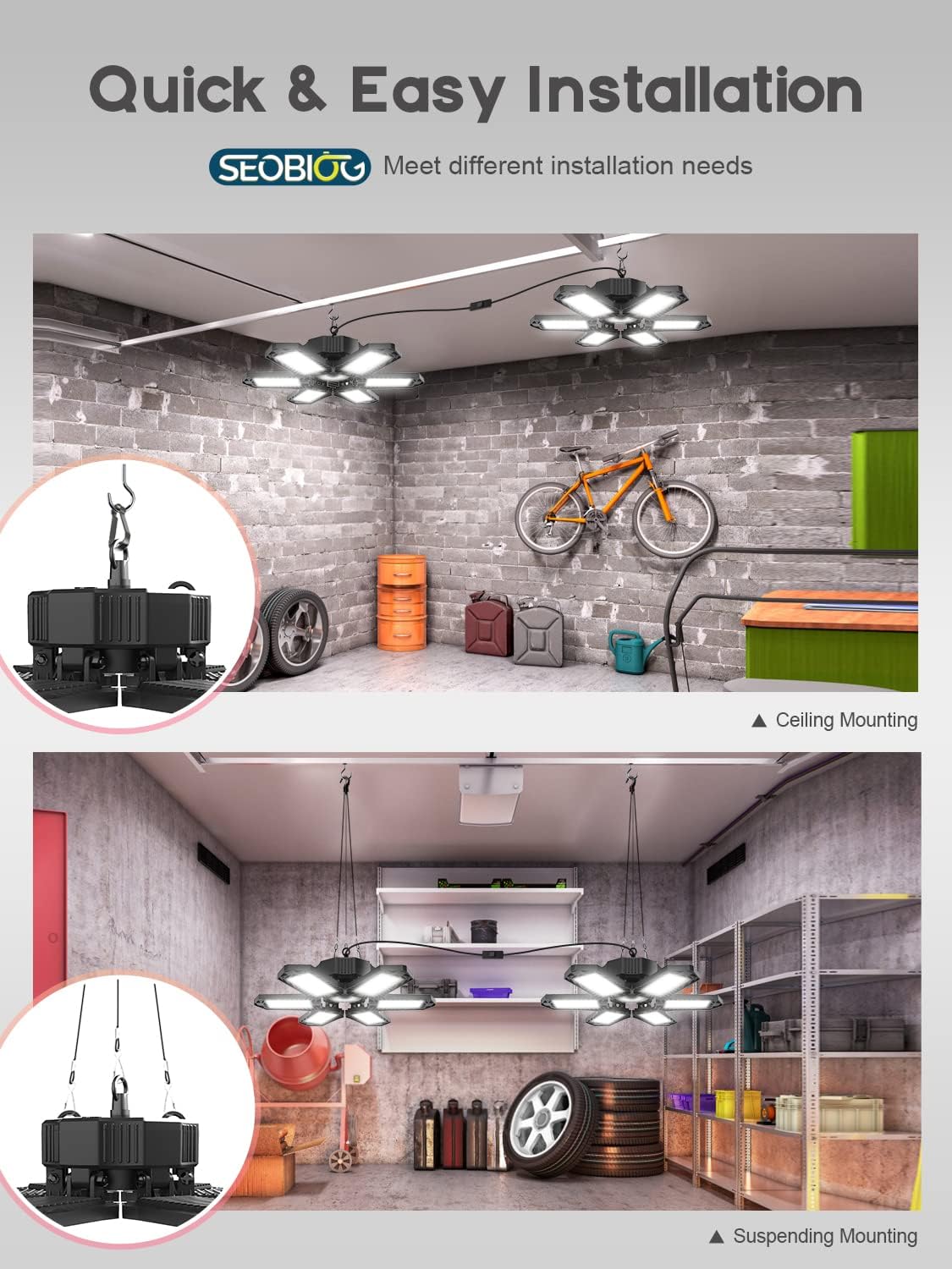 SEOBIOG LED Garage Lights - 6 Pack, 200W 20000LM Plug-in Shop Light with 6+1 Deformable Panels for Garage, Warehouse, Barn, Basement (Built-in ON/Off Switch)
