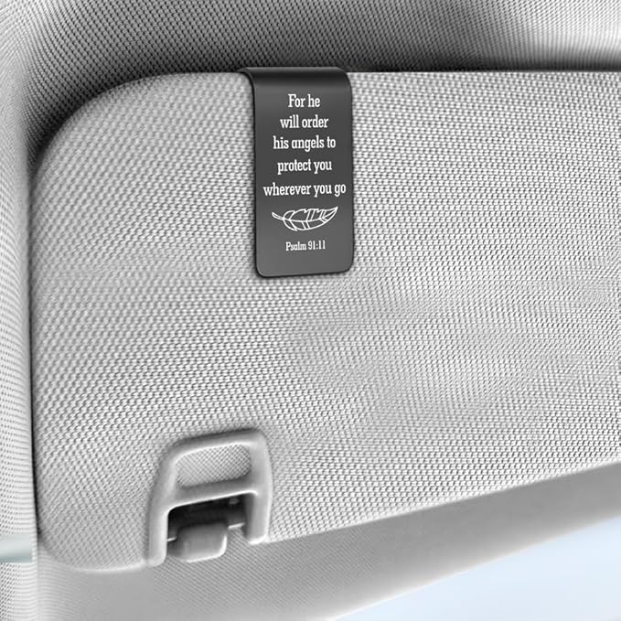 for He Will Order His Angels to Protect You Black Engraved Stainless Steel Car Visor Clip, Psalm 91:11, Guardian Angel Visor Clips for Cars, Safe Driving Gifts for Family Friend
