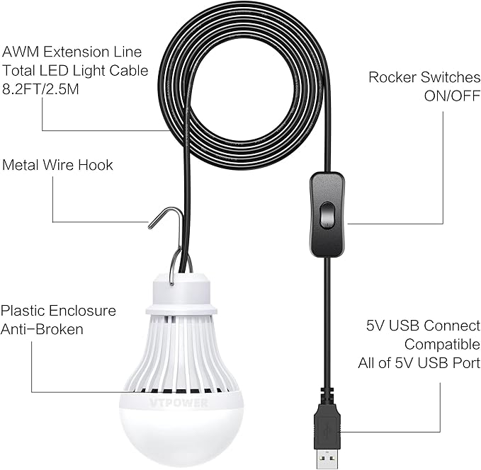 USB LED Light Bulb Camping Latern Outdoor Light with Simple Switch, Portable LED Bulb 5V 5W for Garage Warehouse Car Truck Fishing Boat Outdoor Emergency Light White Lamp 2.5m/8.2ft…