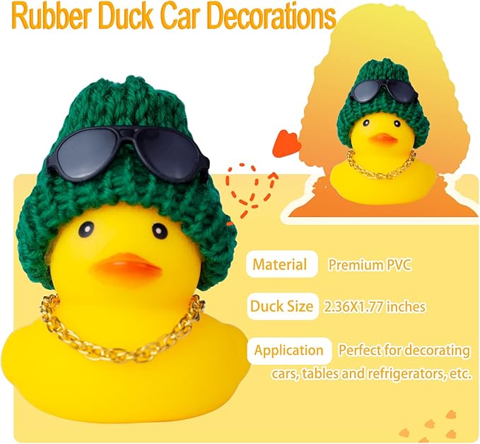 Car Rubber Duck,Yellow Duck Car Dashboard Decorations Accessories with Mini Beanie Hat Necklace and Sunglasses(W2)