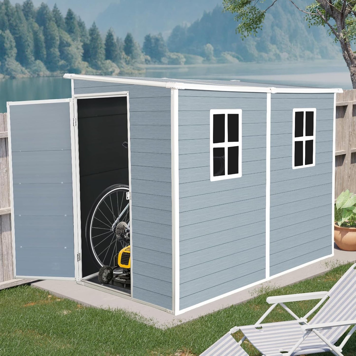 4x8 FT Outdoor Storage Resin Shed with Floor,Waterproof Plastic Garden Bike Shed with Lockable Door, Sloped Roof, Vents & Windows, Easy Assembly Tool Shed for Lawn, Backyard, Patio, Grey