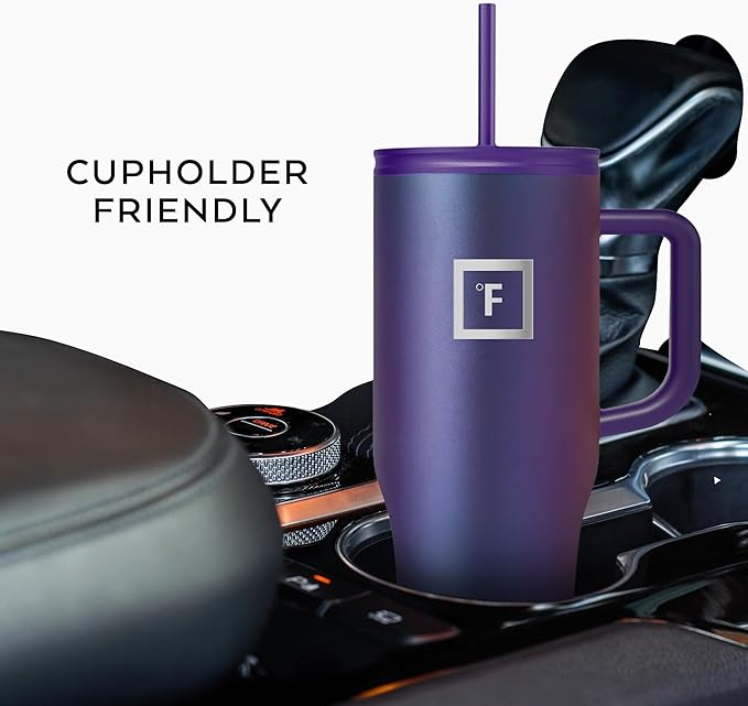 IRON °FLASK Co-Pilot Insulated Mug w/Straw & Flip Cap Lids - Cup Holder Bottle for Hot, Cold Drink - Leak-Proof - Water, Coffee Portable Travel Mug - Rose Gold, 32 Oz