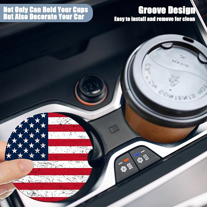 Car Cup Holder Coaster - American Flag Absorbent Ceramic Coaster, Car Coasters for Cup Holders, Auto Accessories for Women & Men, Pack of 2
