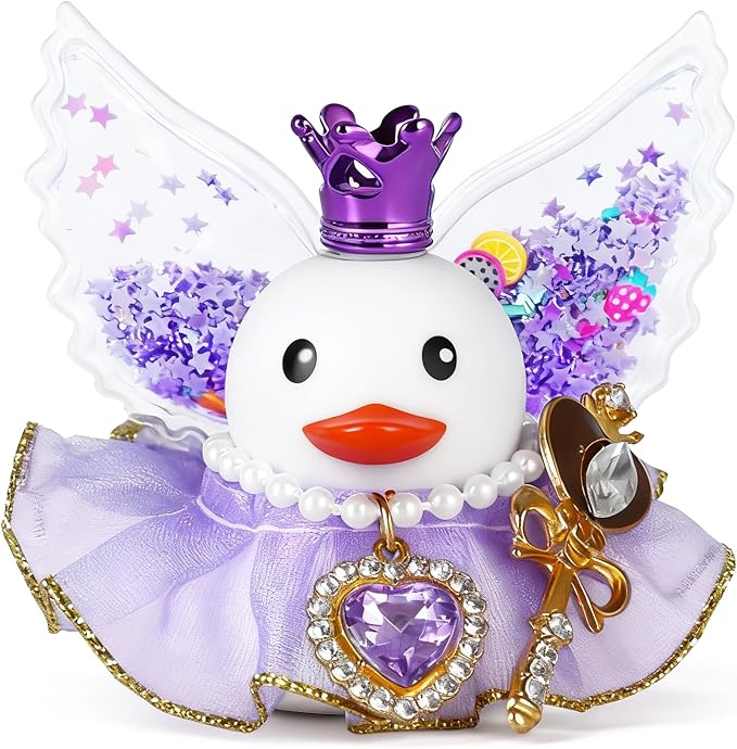 White Queen Rubber Duck Car Ornament with Purple Crown, Crystal Necklace, Magic Wand & Star Wings - Funny Dashboard Decor Includes Adhesive Stickers