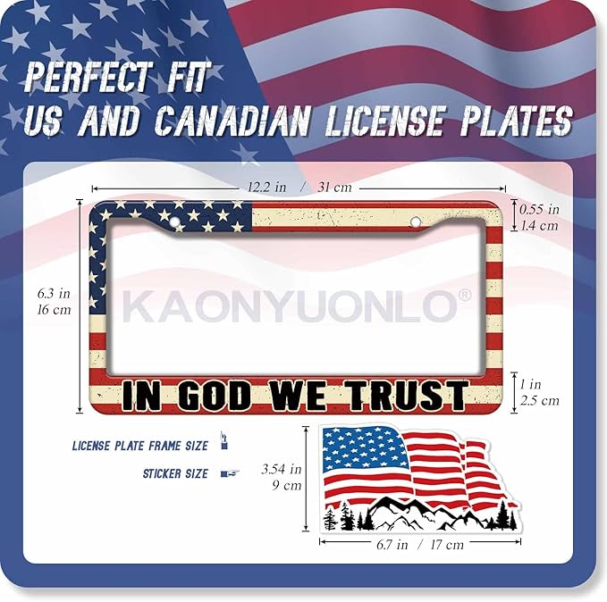 1PCS American Flag License Plate Frame Holder - USA Stars and Stripes Auto Universal Aluminum Matte Car Tag Holder Covers with Sticker & Screws for Men (A-IGWT, 1 PCS)