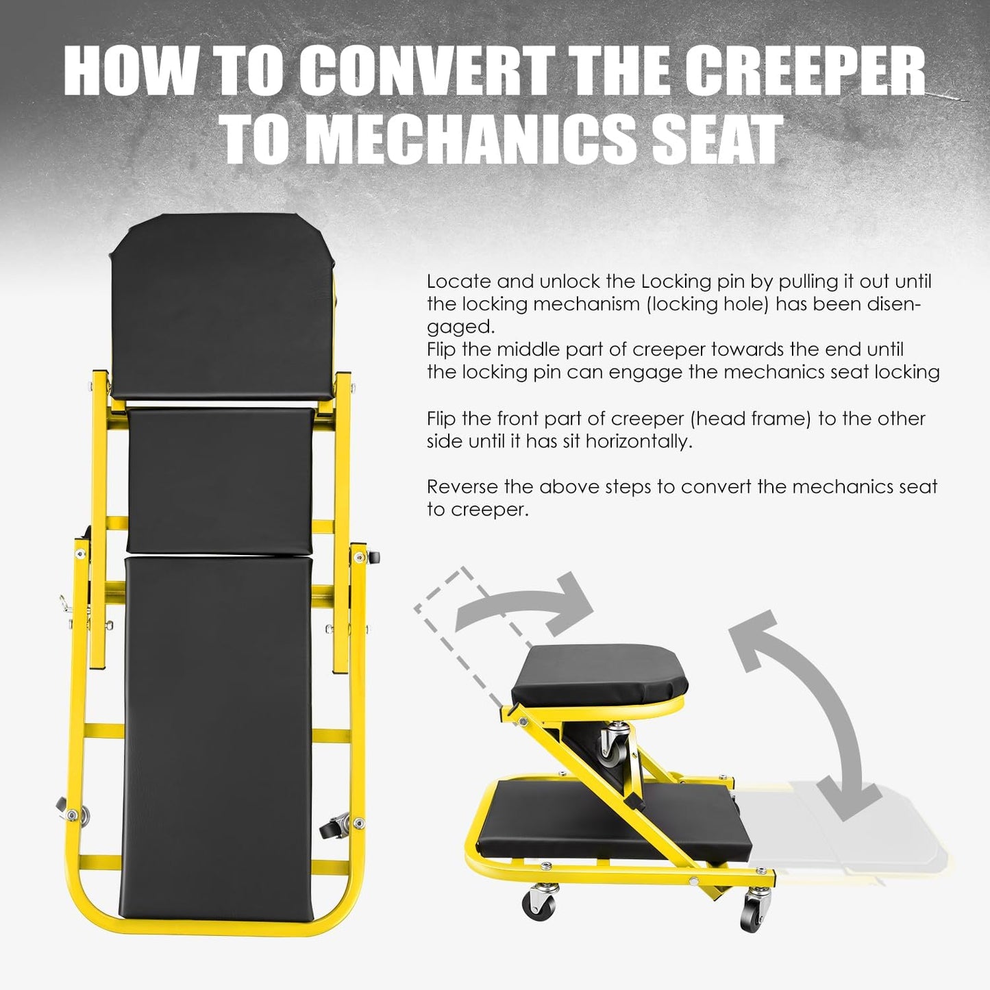 DNA MOTORING 40 Inches Folding 2 in 1 Rolling Z Creeper, Adjustable Roller Garage Chair Lay Down or Sit, 6 Pcs 2" Casters, 150kg Weight Capacity, Yellow, TOOLS-00187-YL