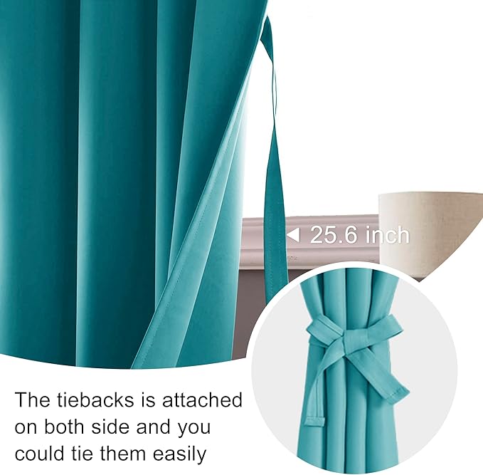 JIUZHEN Blackout Curtains for Bedroom - Thermal Insulated Room Darkening Rod Pocket Curtains for Living Room, Set of 2 Panels with Tiebacks, 60 x 96 Inch Length, Turquoise