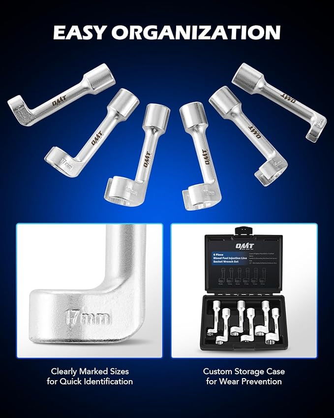 Orion Motor Tech 1/2" Dr Diesel Injector Socket Wrench Set, 6pc 12pt Diesel Fuel Socket Set with 12 14 16 17 18 19mm Wrenches, L-Type Diesel Mechanic Tool for Dismantling Fuel Line with Case