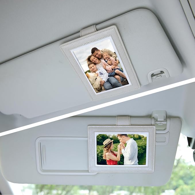 KINIVA 2 Pack Car Picture Holder - Magnetic Faux Leather Picture Frame for Safe Driving - Gift for Dad Mom Husband Wife Car Visor Accessories, Car Accessory (Fits 2.5"x3.5" Photos) (Grey)