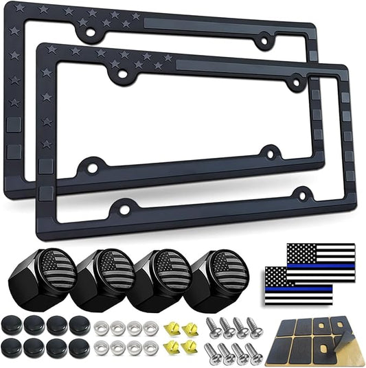 BGGTMO American Flag License Plate Frames- Patriotic USA Stars and Stripes Plastic Car Tag Holder Cover (Gloss on Matte Black) with Screws