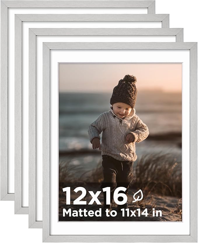 KINLINK 12x16 Picture Frame Silver, Wooden 16x12 Photo Frames with Plexiglass for 11x14 Picture with Mat or 12x16 Without Mat, Perfect for Art Wall and Tabletop Display 12 x 16 frame Set of 4