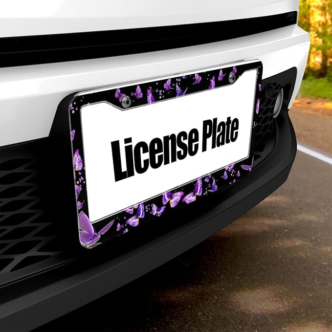 Purple Butterfly License Plate Frame - 1 Pack Personalized Aluminum Car License Plate Cover Butterfly License Plate Holder Universal US-Canada 2 Hole Auto Car Tag for Women/Men