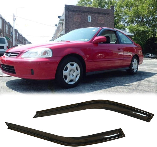 Side Window Wind Vent Deflector, 2pcs Out-Channel Tape-On Sun Rain Guards Set, Dark Smoke Nice Window Visor fit for 1996-2000 Honda Civic 2-Door Coupe 92602