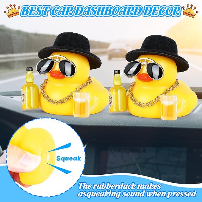 Rubber Ducks Car Decorations, Funny Duck with Black Top Hat Gold Necklace Sunglasses Beer Glass and Bottle, Squeaky Dashboard Decor Accessories for Car Interior, DIY Office Home Decor Gift