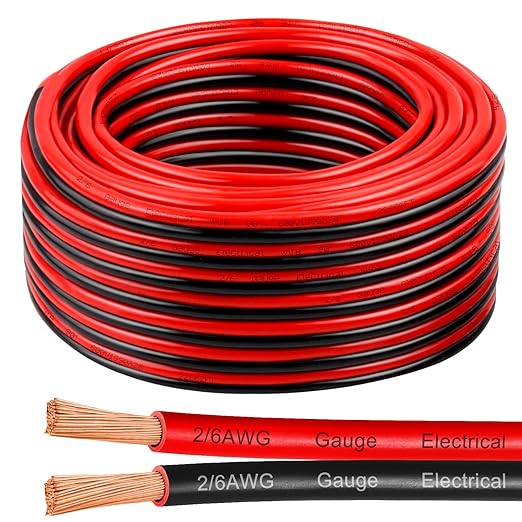 6 Gauge Wire 50 Feet, 6/2 AWG Pure Copper Wire, 6AWG 2 Conductors Red Black Oxygen Free Stranded Low Voltage Wire for Solar Panel, Automotive, Audio Auto, LED Lighting(6 AWG 50FT)