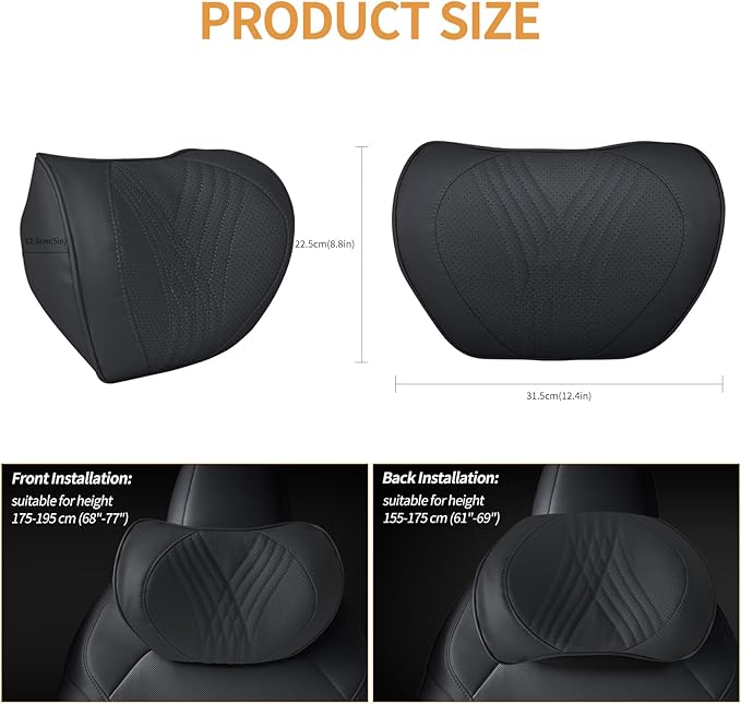 Car Neck Pillow Memory Foam Premium Leather Headrest Neck Support Cushion Universal for Driving Home Office, Black,2PC