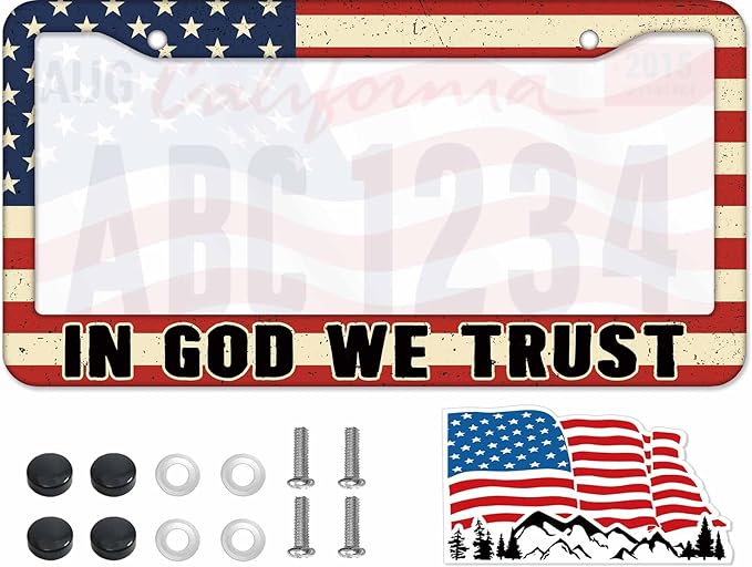1PCS American Flag License Plate Frame Holder - USA Stars and Stripes Auto Universal Aluminum Matte Car Tag Holder Covers with Sticker & Screws for Men (A-IGWT, 1 PCS)