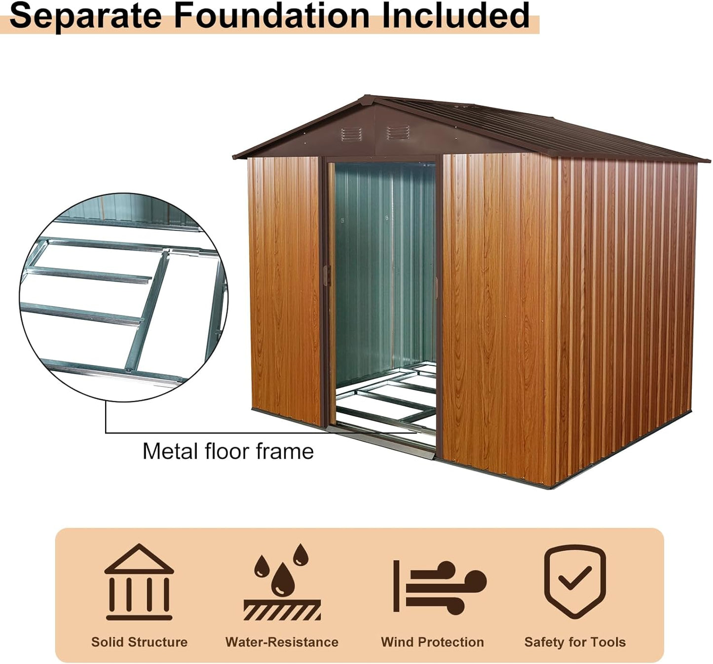 8x6 FT Outdoor Storage Shed,Metal Shed with Floor,Garden Shed W/ 4 Air Vents & Lockable Sliding Door,All Weather Waterproof Tool House W/Sloped Roof,for Backyard,Patio,Lawn,Coffee