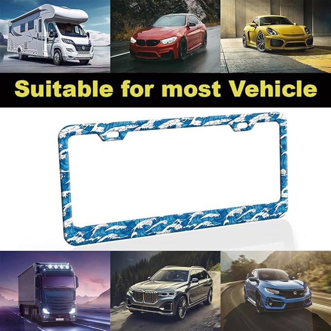 2pcs Blue Ocean Wave License Plate Frame for Women, Japanese Traditional Waves Print car Decorative tag Frames Girly Cute License Plate Cover Holder for Vehicle with Double Sided car Keychain tag