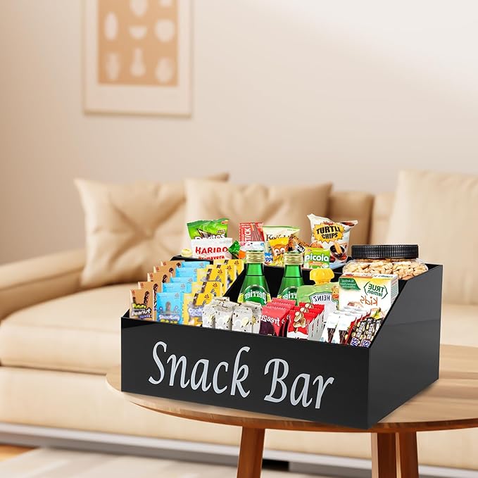Snack Organizer for Countertop - Acrylic Storage Container With 4 Compartments for Kitchen Cabinet Pantry - Black Snack Bar Station