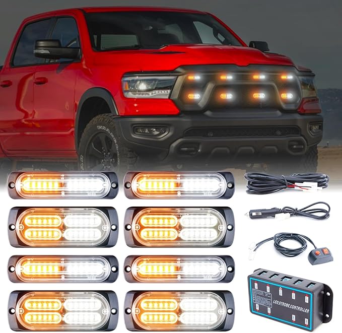 8pcs Sync Feature Emergency Strobe Grille Lights LED Ultra Slim Surface Mount Flashing Hazard Warning Light Bar with Controller for Firefighter/Construction/Trucks/Vehicles/Car (Amber/White)