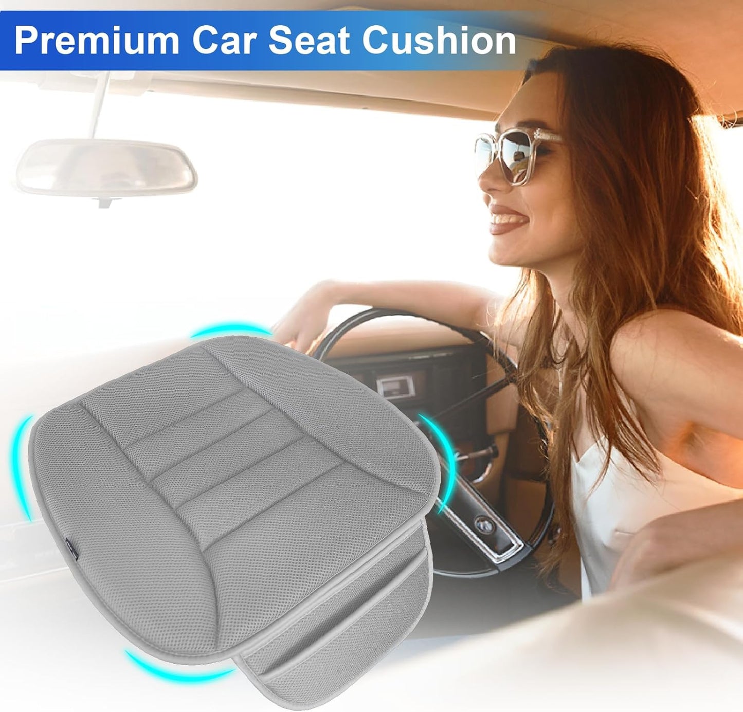 Premium Car Seat Cushion, Driver Cushion with Comfort Memory Foam & Non-Slip Rubber Bottom, Car Seat Pad Works with 95% of Vehicles and Office Chair or Home - 4D Gray