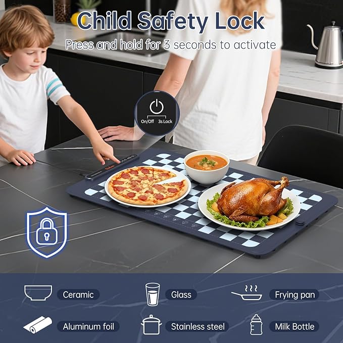 Warming Mat for Food - Rapid Full-Surface Heating Electric Warming Tray, 3-Level Temp & Auto Shut-Off, Portable Food Warmer for Home Dinners, Parties, Outdoor Picnics