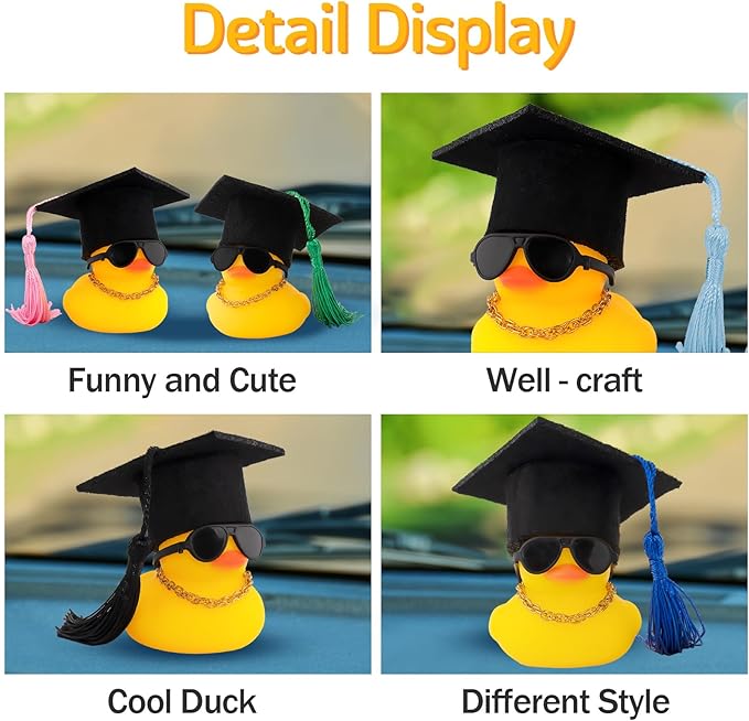 wonuu Car Dashboard Decor Graduation Hat Rubber Duck, Car Ducks Ornaments with Mini Hat Necklace Sunglasses Scarf (Black)