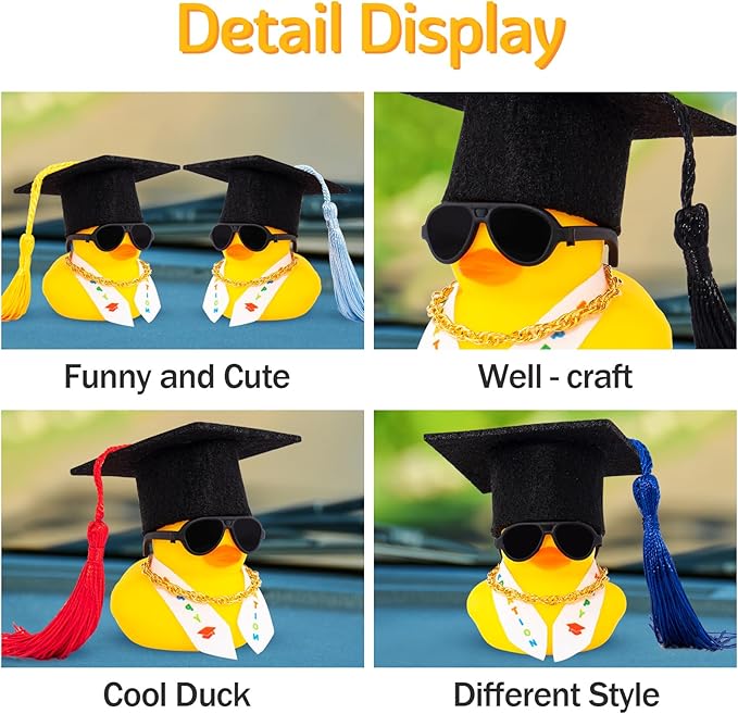 wonuu Graduation Stole Rubber Ducks, Dashboard Decorations Duck for Car Ornament Accessories with Hat Sunglasses Sash Chain (Yellow)