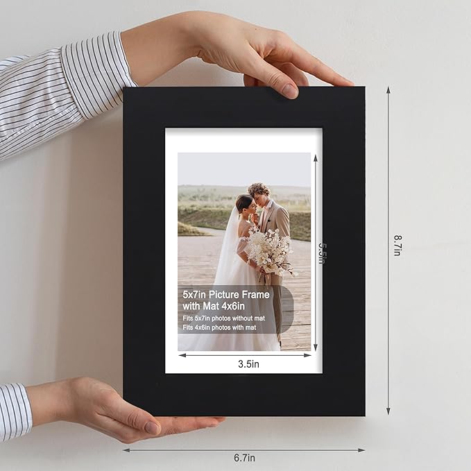 5x7 Picture Frame Set of 4, Made of Real Glass and Black Wooden Frame, 5 by 7 Photo for Wall or Tabletop - Display Picture 4x6 with Mat or 5x7 Without Mat