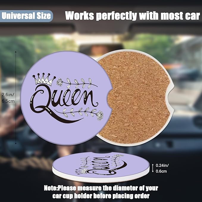 Purple Car Cup Holder Coaster - Queen Crown Absorbent Ceramic Coaster 2 Pack, Car Coasters for Cup Holders, Fashion Car Interior Accessories Drink Coaster for Women & Men