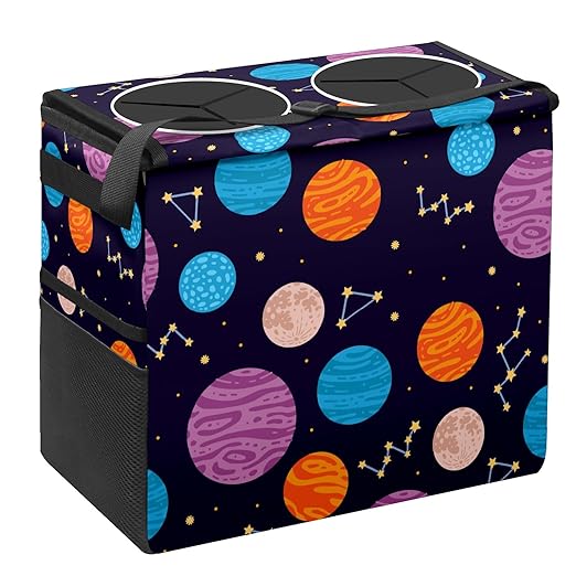 Car Trash Can Colorful Space Planet Large Storage Garbage Can with Lid Hanging for Back Seat Leakproof Automotive Vehicle Trash Bin