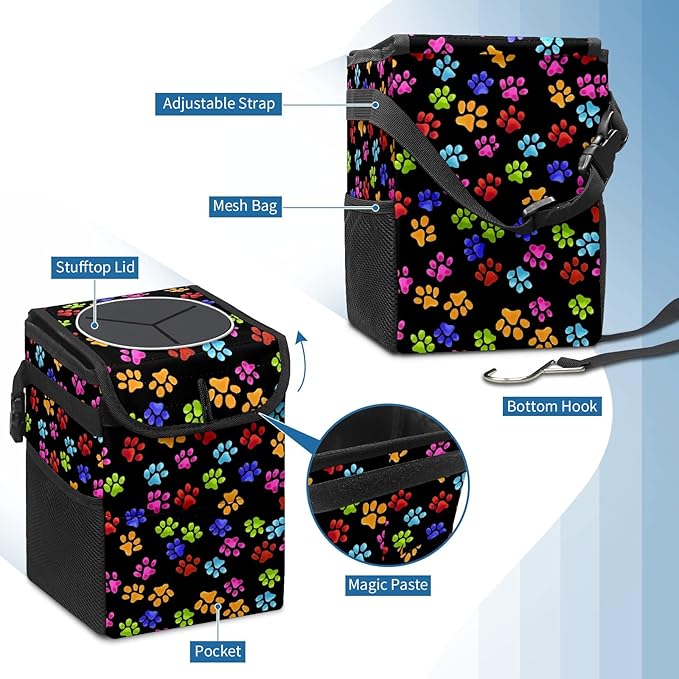 Paws Cat & Dog Print Trash Can with Lid - Collapsible, Reusable, Waterproof Car Garbage Can, Interior Car Organizer