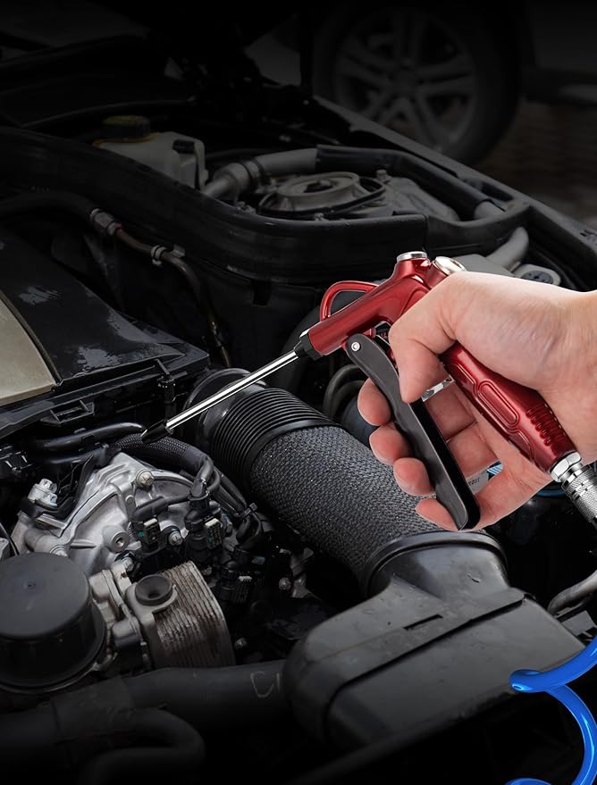 High Volume Air Blow Gun with Powerful Flow Nozzle, Retro Red Air Nozzle Blower Gun with 4.9" Stainless Steel Extension & 1/4'' Standard Quick Plug, Pneumatic Tool for Air Compressor Accessories