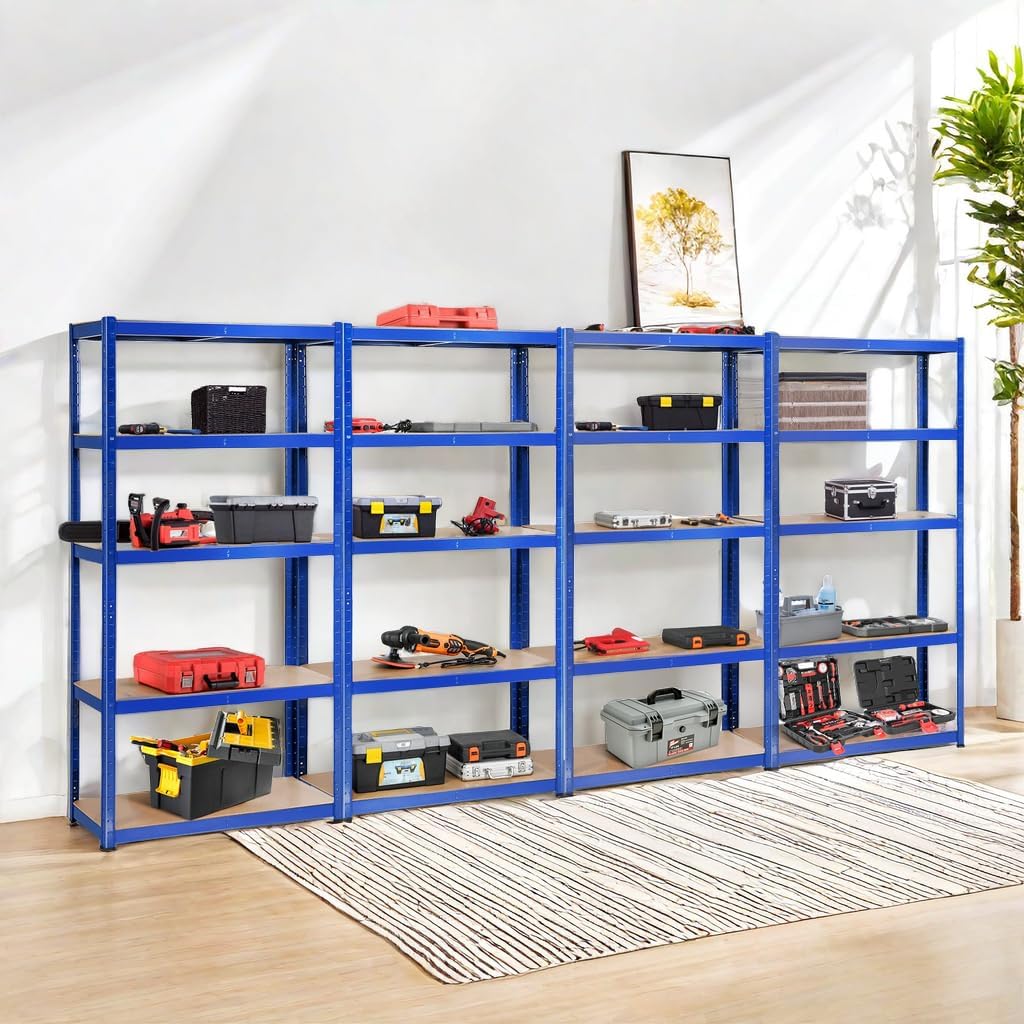 ERGOMASTER 5 Tier Utility Shelves Rack Garage Heavy Duty Steel Metal Shelving Unit with Adjustable Design, Bolt-Free Assembly & 380 LBS Wight Capacity Per Tier (Set of 4, Blue)