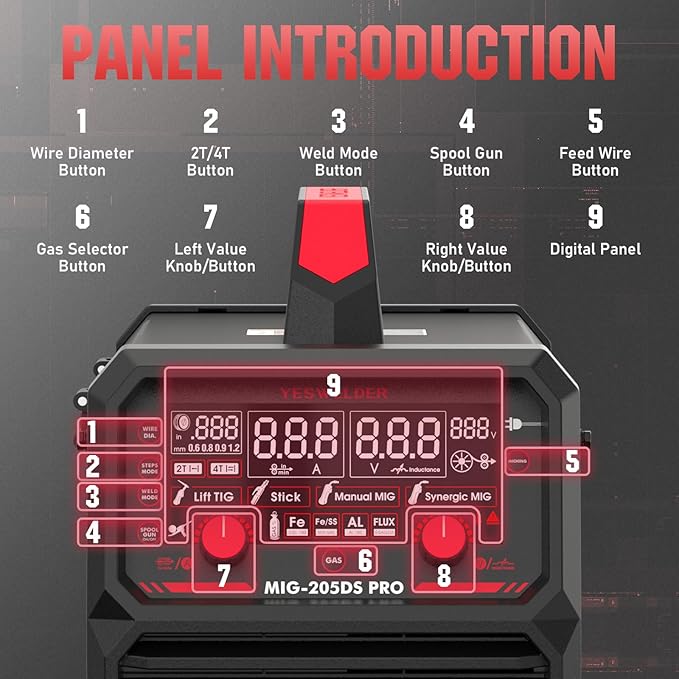 YESWELDER MIG-205DS PRO MIG Welder, 200Amp 110/220V Dual Voltage MIG Welding Machine, 5 in 1 Gas MIG/Flux Core MIG/Spool Gun MIG/Lift TIG/Stick Multiprocess Aluminum MIG Welder, Spool Gun Compatible