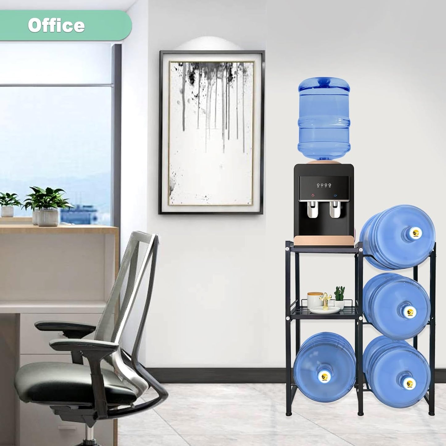 5 Gallon Water Jug Holder with 2 Storage Shelves, 3 Tier Water Bottle Holder Heavy Duty Jug Stand for Home Office Kitchen Organizer