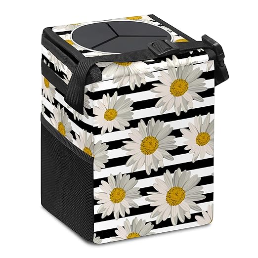 White Black Striped Daisy Car Trash Can With Lid - Collapsible Reusable Waterproof Garage Bag, Automotive Garbage Can, Accessories Interior Organizer