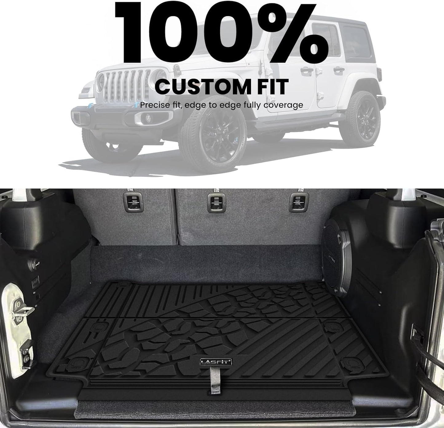 LASFIT Trunk Mat for Jeep Wrangler Unlimited 4XE 2021-2024 2025 4 Door with Subwoofer, Plug-in Hybrid EV-Gas (PHEV), All Weather TPE Custom Fit Cargo Mat Trunk Liner Cargo Liner, Black