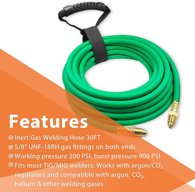 30FT Argon Gas Hose, Inert Gas Welding Hoses for MIG/TIG Welding Regulator，Argon/CO2 Flowmeter Regulator Hose, 5/8" UNF-18RH, NPT Fittings, Welding Accessories for MIG/TIG Welder