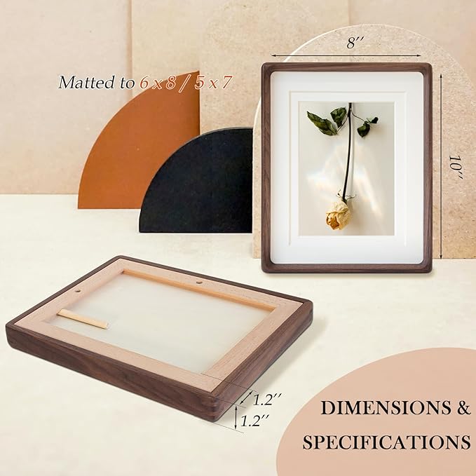 8x10 Wooden Picture Frame with Double Mat - Natural American Black Walnut Wood Photo Frame Matted to 6x8 & 5x7 | Tabletop & Wall | Brown