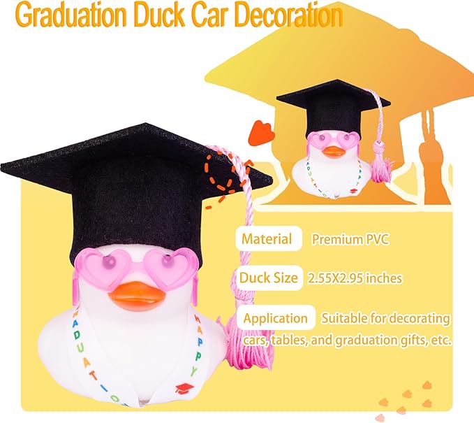 Graduation Rubber Duck Car Ornaments, Duck Car Dashboard Decorations for Graduation Gift with Mini Sunglasses Graduate Hat and Sash(G4)