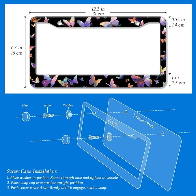 2PCS Beautiful Butterfly Pattern License Plate Frames for Men Women - Universal Aluminum Stainless Steel Personalized Car Tag Covers Holder with Screws, Caps, Rattle Proof Pads and Handlebar Stickers