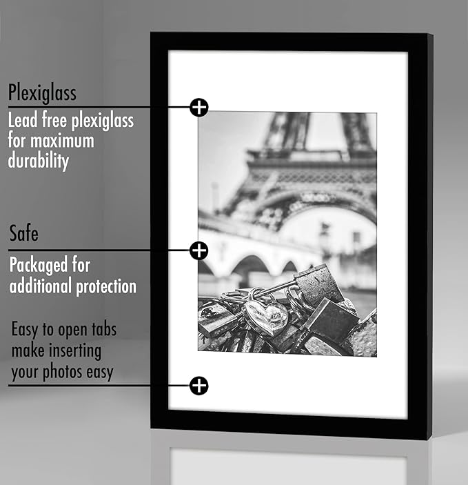 Americanflat 8x12 Picture Frame with Polished Plexiglass - Set of 5 - Use as 6x8 Frame with Mat or Display 8x12 Photo Without Mat - Galleria Collection - Picture Frames for Wall Display - Black