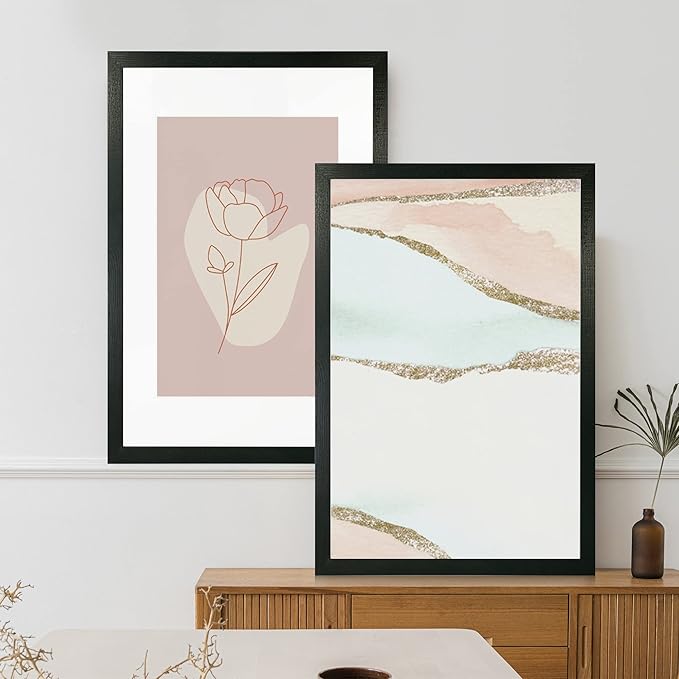 20x30 Frame Set of 2, Rustic Black Wood Style - Display 16x24 Picture with Mat or 20 x 30 Poster without Mat, Wall Mounting Horizontal and Vertical
