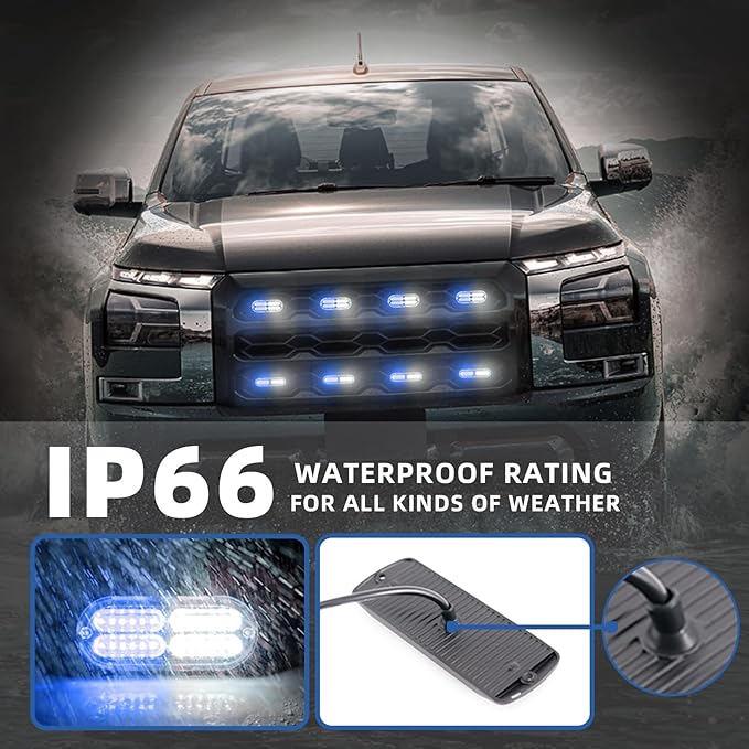 8pcs Sync Feature Emergency Strobe Grille Lights LED Ultra Slim Surface Mount Flashing Hazard Warning Light Bar with Controller for Firefighter/Construction/Trucks/Vehicles/Car (Blue/White)